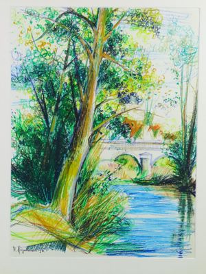 a drawing of a river with trees and a bridge in the background