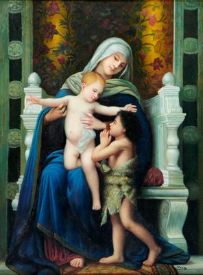 a painting of a woman holding a baby and a child