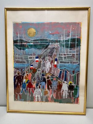 tableau représentant un groupe de personnes marchant sur une jetée la nuit