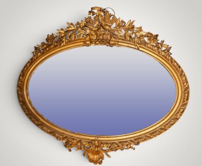 an oval mirror with a gold frame and a blue background