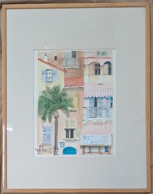 a painting of a building with a palm tree in front of it