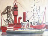 a painting of a red and white boat in the water
