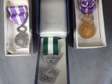 three medals are in a box on a table next to a purple ribbon