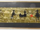 painting of three people riding horses in a field with red flowers