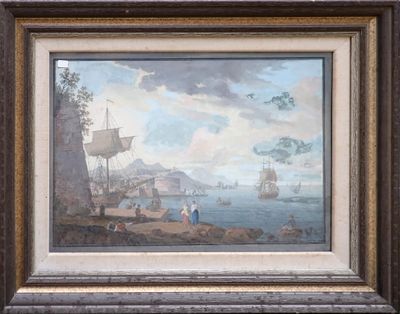 une peinture à l'huile représentant un bateau sur un plan d'eau près d'une rive