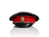 a red hat with a gold emblem on it