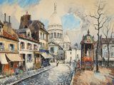 peinture d'une scène de rue avec une église à l'arrière-plan