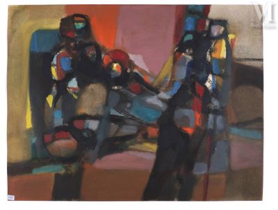 peinture abstraite de deux personnes assises sur une chaise dans une pièce