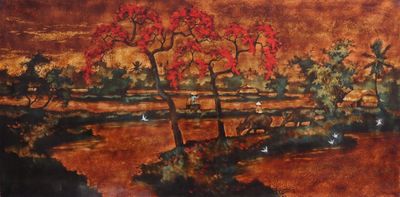 une image d'une peinture d'un paysage avec des arbres