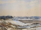 une aquarelle représentant un paysage enneigé avec des oiseaux volant dans le ciel