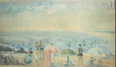 a painting of people on the beach with umbrellas