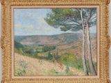 a painting of a landscape with trees and hills in the background