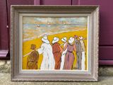 tableau représentant un groupe de personnes debout sur une plage, près d'un mur violet