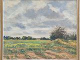 une peinture à l'huile d'un champ avec des arbres au loin