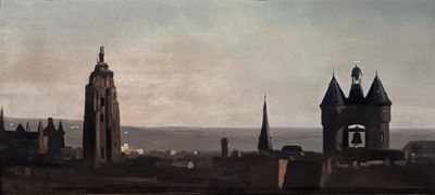 un tableau représentant une ville avec une tour horloge en arrière-plan
