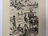 un vieux dessin représentant un groupe de personnes sur une plage