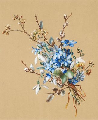 painting of a bouquet of blue flowers in a vase on a beige background