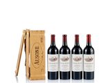 three bottles of red wine in a wooden box