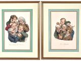 two framed pictures of a group of people sitting on top of each other