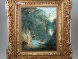 an oil painting on canvas of a wooded river scene with figures in the water