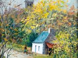 an oil painting of a rural road with a church in the background