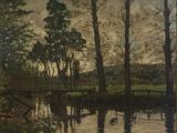 tableau représentant une rivière avec un pont et des arbres en arrière-plan