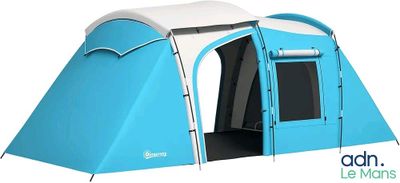 a blue and white tent with the door open on a white background