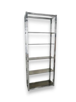 a close up of a metal shelf with four shelves on each side