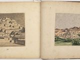 an old book with two pictures of a village in the middle of it