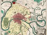 une vieille carte d'une ville traversée par une rivière