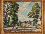 une peinture à l'huile représentant une rue avec des arbres et des maisons en arrière-plan