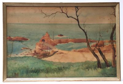 an image of a painting of a beach scene with a boat in the water