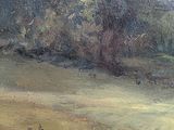 an oil painting of a field with hay stacks in the foreground