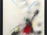 abstract painting of a red and yellow flower in a black frame