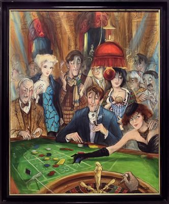 painting of a group of people playing roulette at a casino table