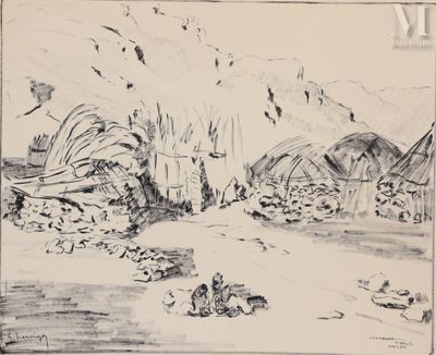 esquisses d'un dessin représentant un village avec une montagne en arrière-plan