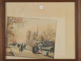 tableau représentant une scène de rue avec une calèche et une église en arrière-plan