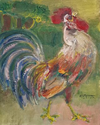 painting of a rooster in a field of grass with a tree in the background