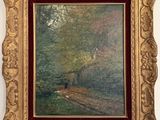 an image of a painting of a person walking in a wooded area