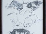 dessin représentant un groupe de chats jouant ensemble, dans un cadre en bois