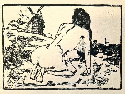 une image représentant un dessin en noir et blanc d'un homme et d'un chien