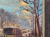 an oil painting of a bus driving down a street next to a tree