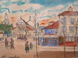 un tableau représentant une scène de rue avec des passants
