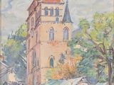 painting of a building with a clock tower in the middle of a street