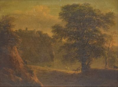 an image of a painting of a landscape with a tree in the foreground