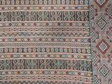 an old rug with a pattern of different colors and sizes