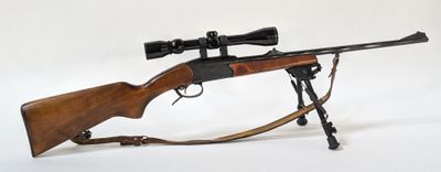 le fusil est posé sur un support et est équipé d'une lunette de visée