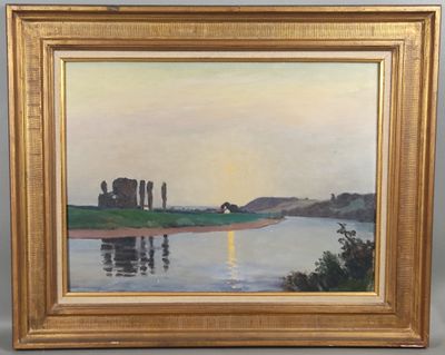an oil painting of a sunset over a river with a castle in the distance