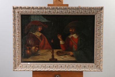 a painting of two men sitting at a table in front of a candle