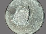 a circular glass table with a bird ' s eye view of a building